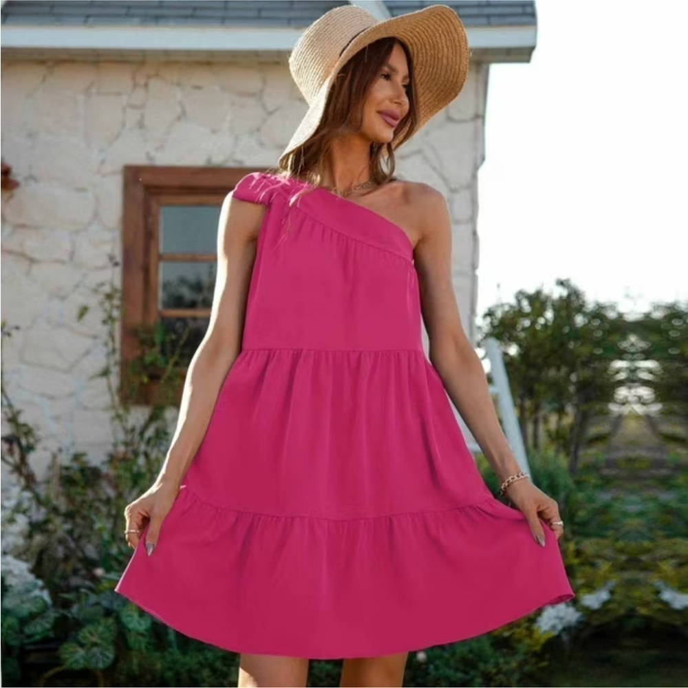 Ee:some Women's Size Medium One Shoulder Swing Dress Pink Bow Tie Tiered Lined